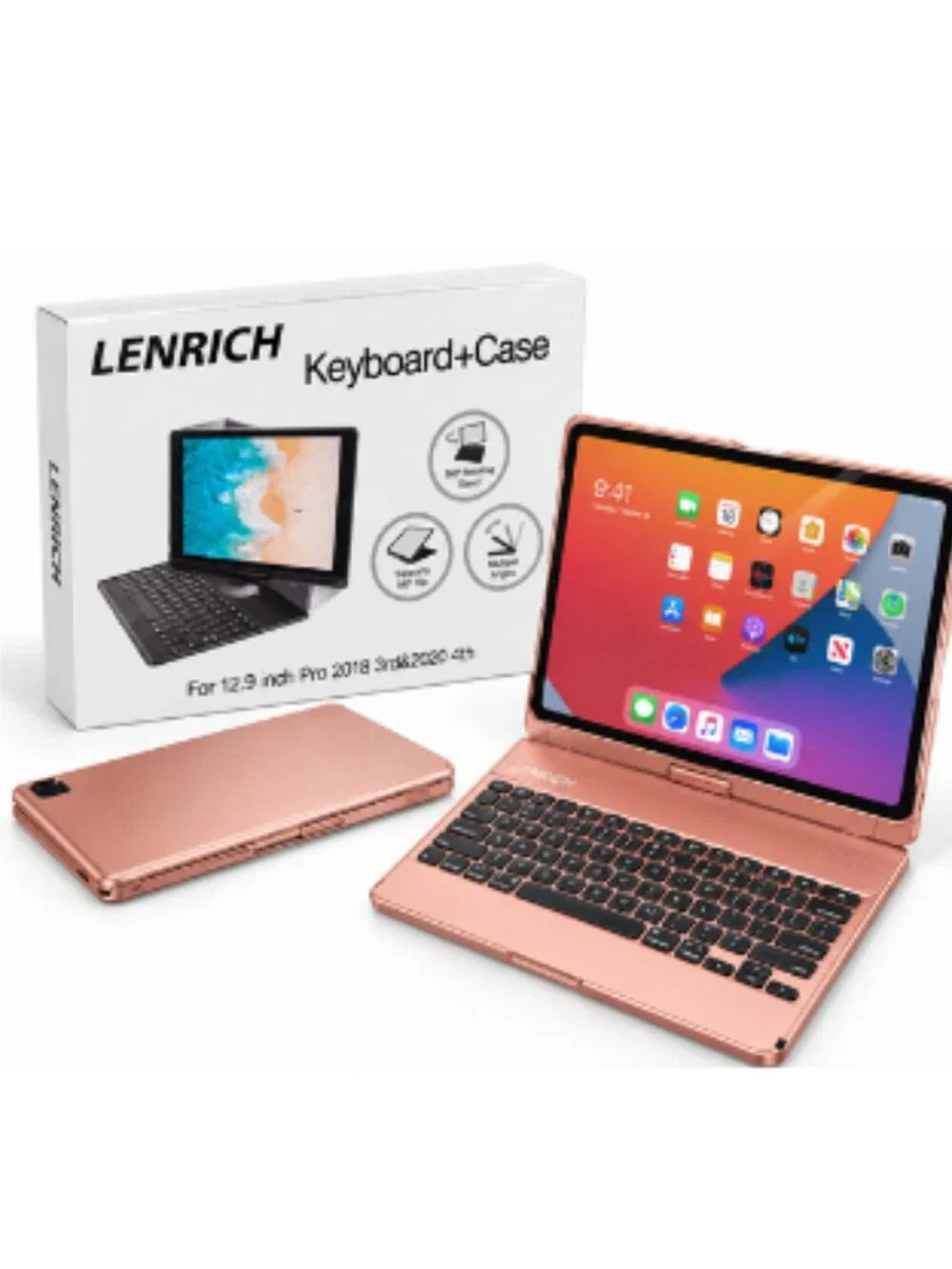 LENRICH iPad Pro 12.9 Keyboard Case 2018 3rd 2020 4th Gen Rose Gold 360